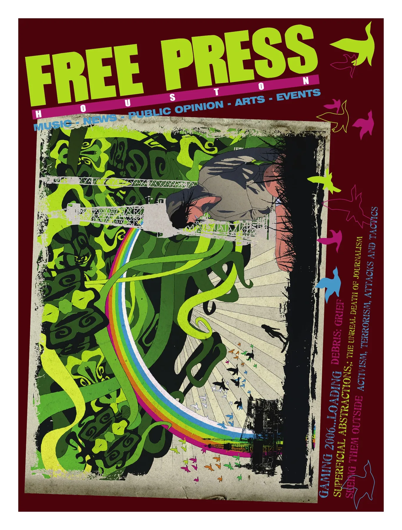Free Press Houston — March 2006, first edition: Acid-green lettering and twisting graphic forms sit within a deep red border.