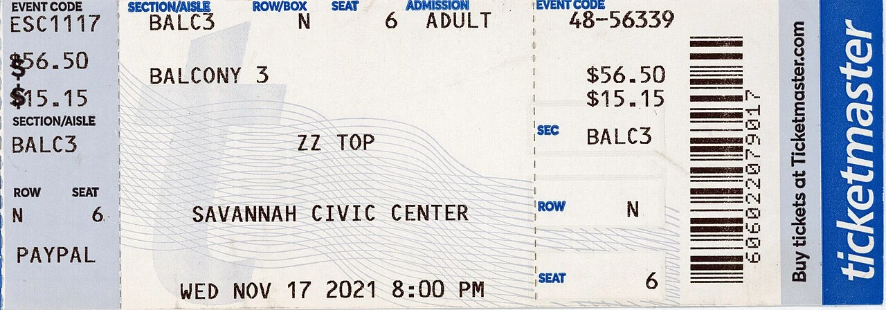 Documentary photograph of a Ticketmaster paper concert ticket.