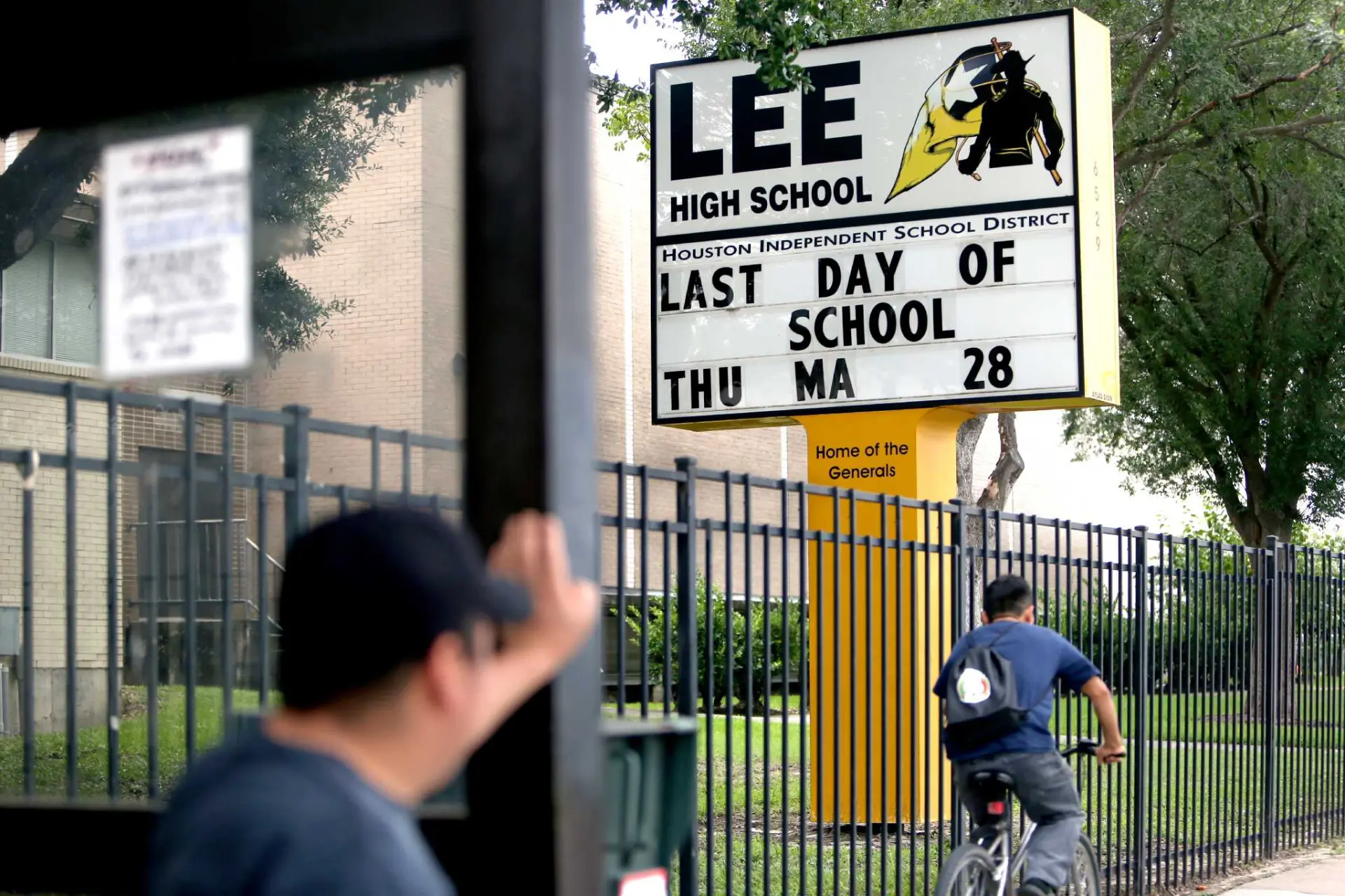 Lee High School sign in Houston on the last day of school, May 28
