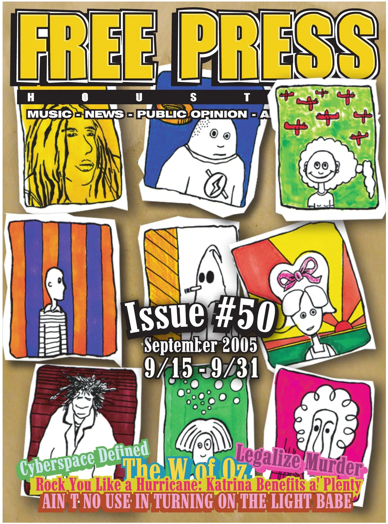 Free Press Houston — September 2005, second edition: Illustrated panels create a patchwork of faces, figures and bold colour beneath a yellow masthead.