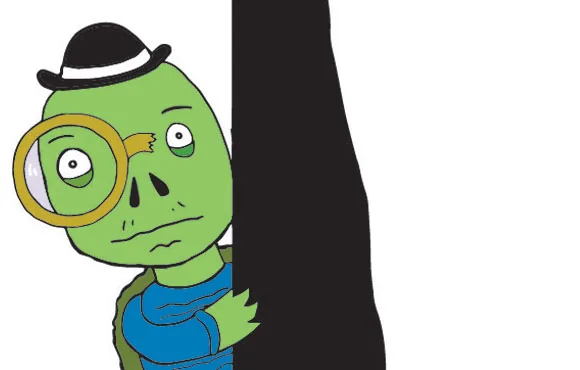 A green cartoon figure in a hat stands beside a tall black shadow.