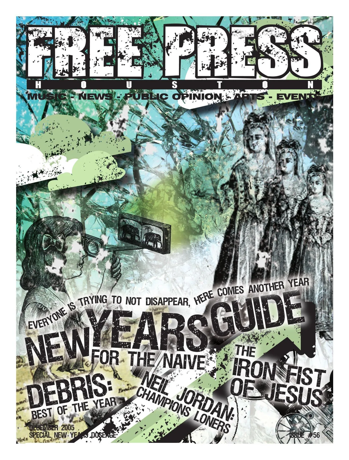Free Press Houston — Special New Year’s Dosage: A weathered masthead sits above layered woodland textures and angled year-end headlines.