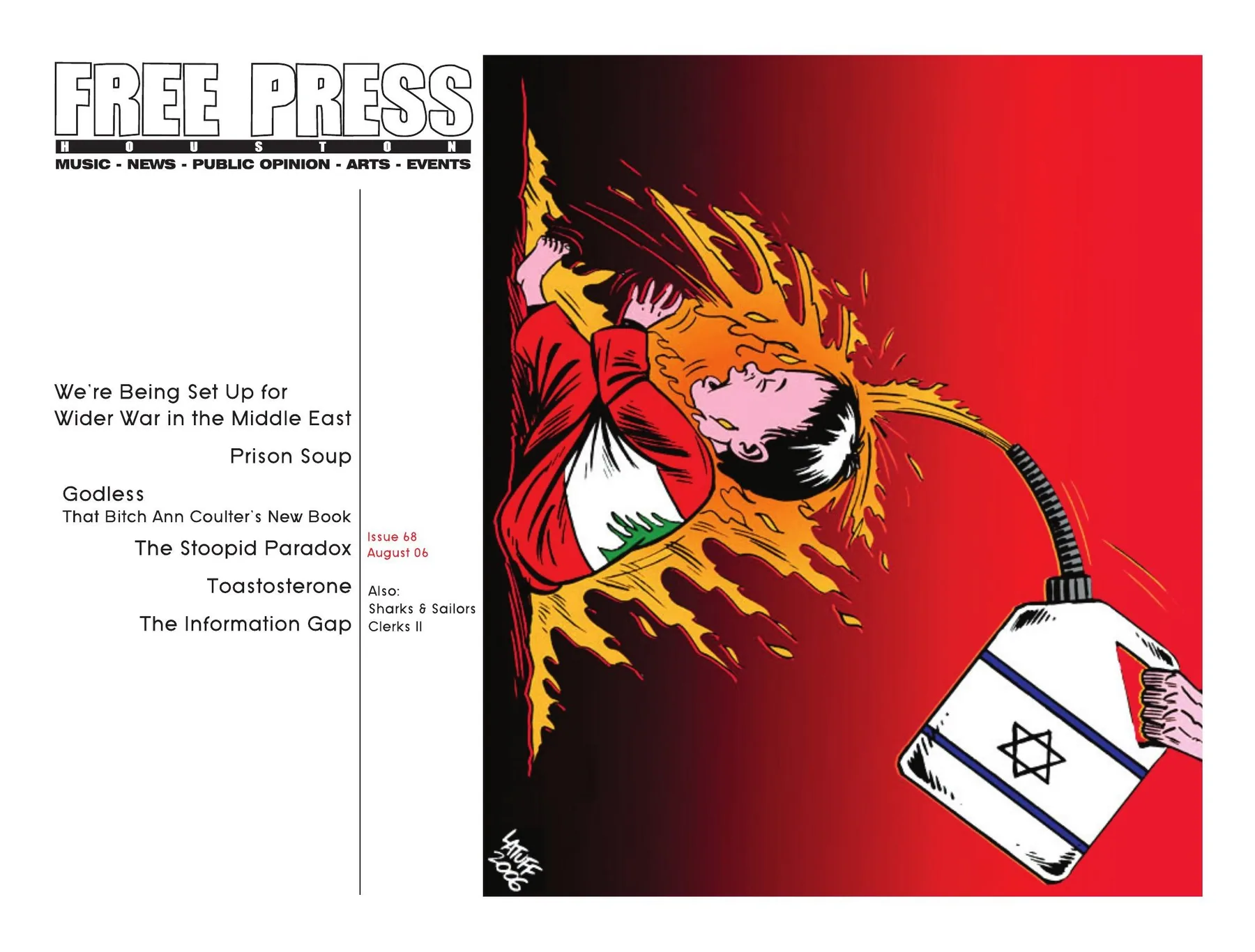 Free Press Houston — August 2006 landscape cover: A red illustrated scene occupies the right side of a stark landscape layout.