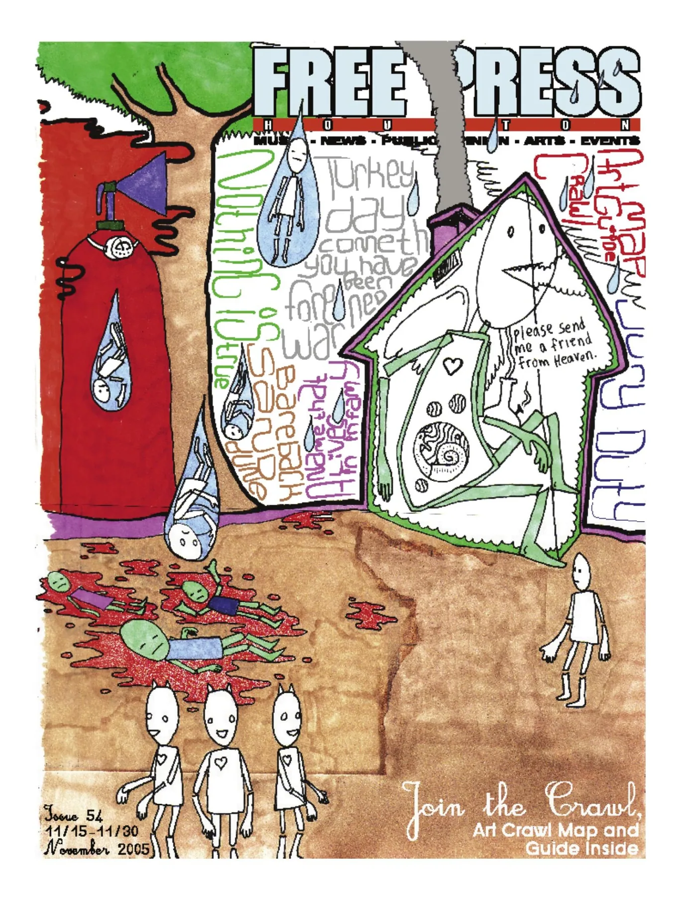 Free Press Houston — the Art Crawl edition, 2005: Hand-drawn buildings, small figures and looping lettering carry the Art Crawl cover.