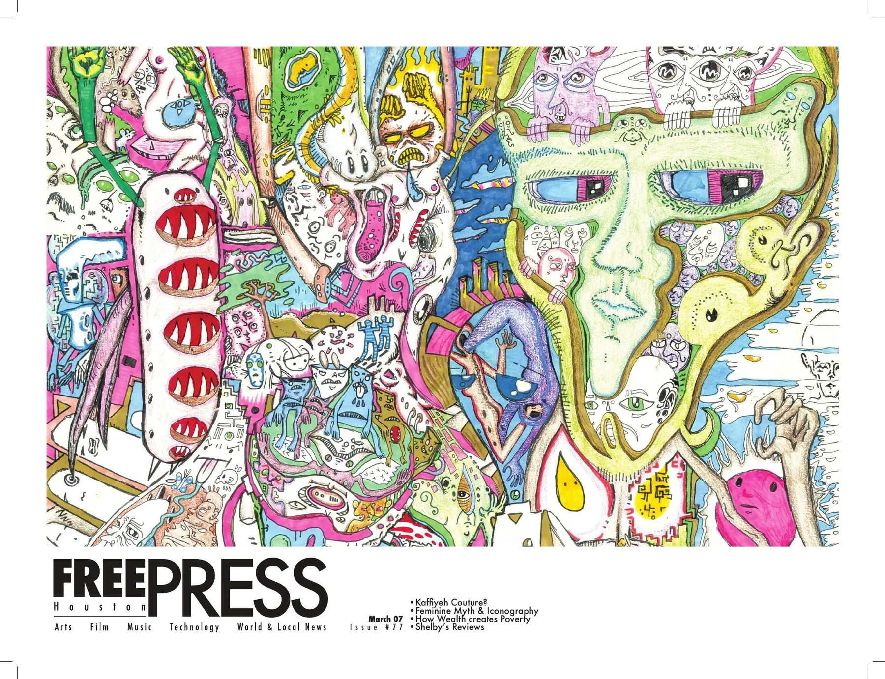 Free Press Houston — March 2007 landscape cover: A dense hand-drawn world of faces, creatures and intertwined shapes fills the landscape page.