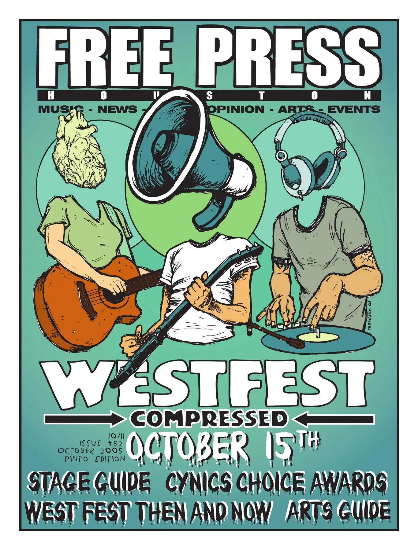 Westfest — the Pinto edition, 2005: Musician figures with speaker and headphone heads announce “Westfest Compressed.” This sixteen-page special-edition proof connects the newspaper’s illustrated cover to the October 2005 Westheimer Block Party record held in the archive.