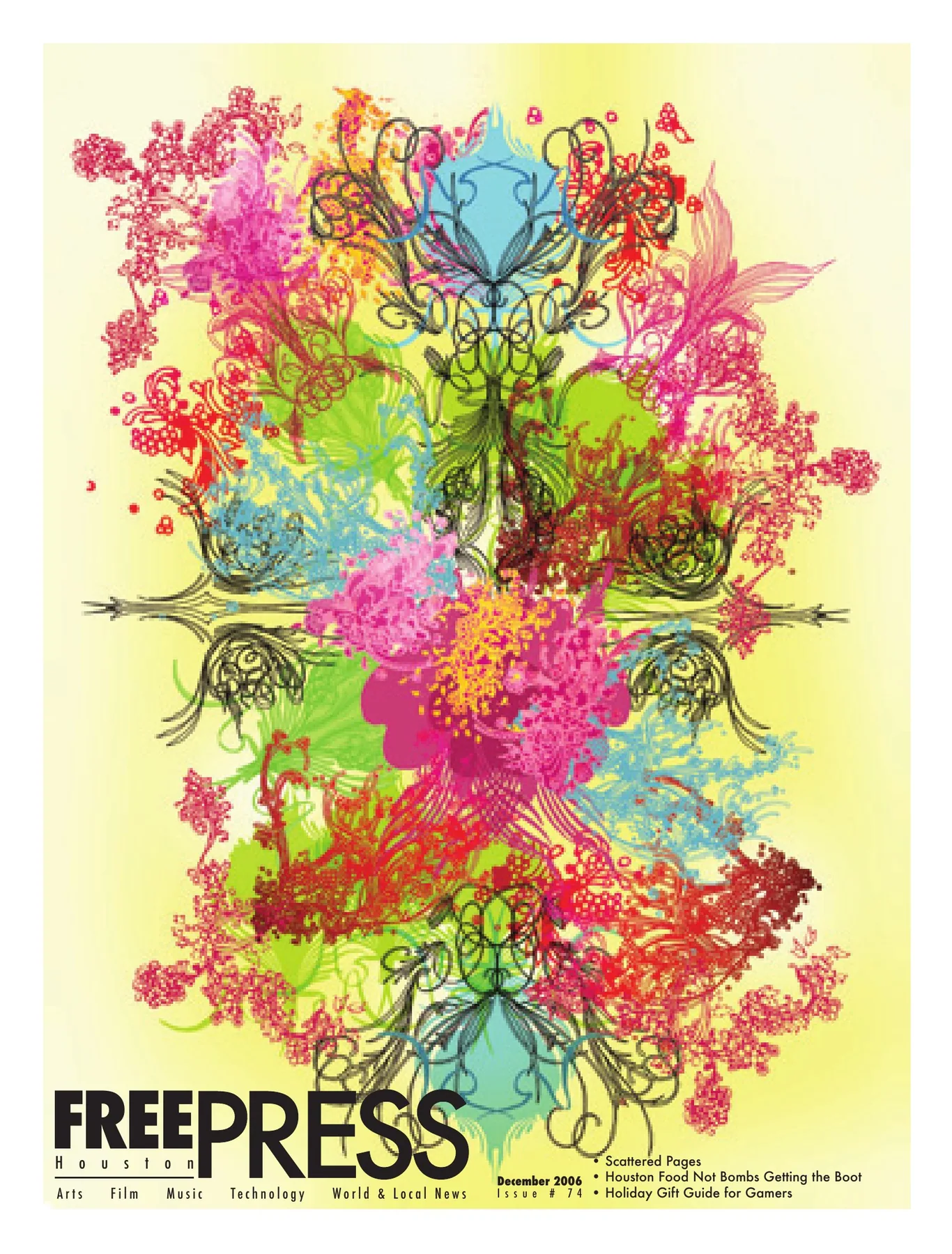 Free Press Houston — December 2006, Issue 74: Pink, red and turquoise botanical forms interlock over a pale yellow field.