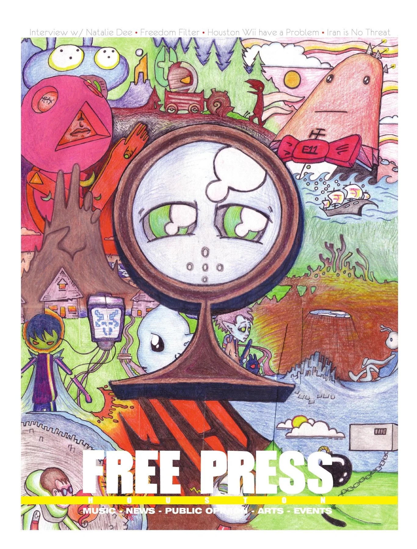 Free Press Houston — May 2006, Issue 64: A coloured-pencil world of cartoon figures fills the page around a central circular face.