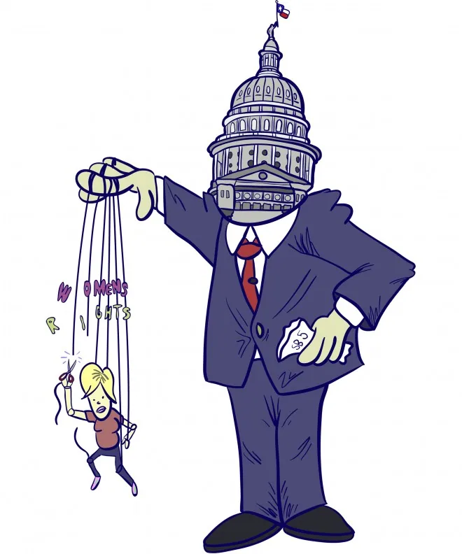 An illustrated figure with a Capitol-shaped head holds puppet strings attached to a small woman.