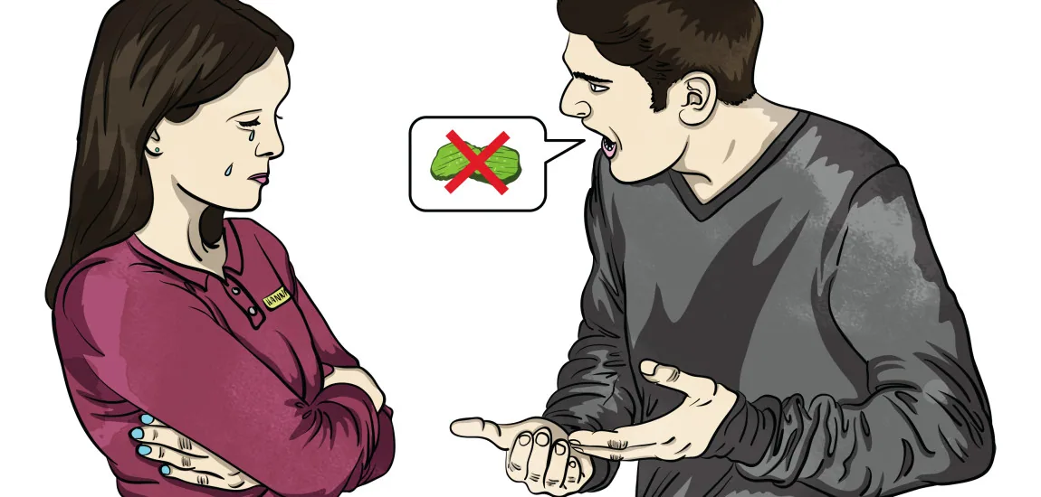 An illustrated woman sits opposite a man holding a plate; a crossed-out symbol appears in his speech bubble.