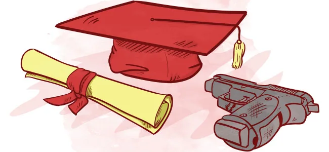 An illustrated handgun lies beside a red graduation cap and rolled diploma.