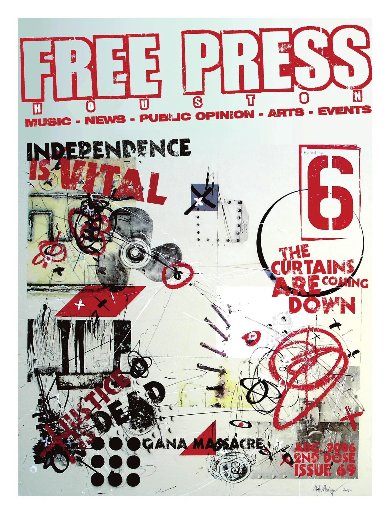 Free Press Houston — August 2006, Issue 69: Red lettering, black architectural fragments and hand-drawn marks create a pale layered cover.
