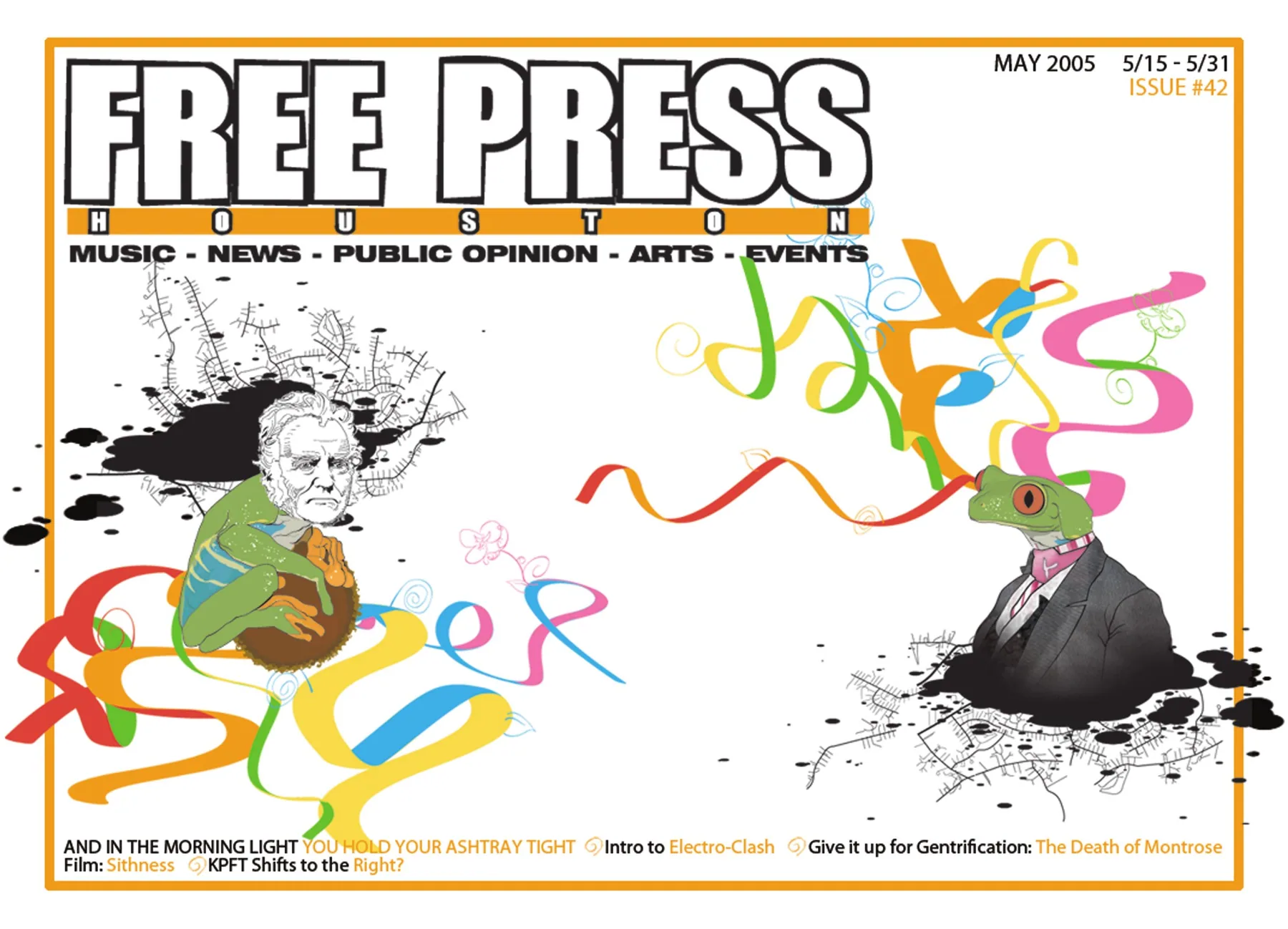 Free Press Houston — May 2005 landscape cover: A landscape cover places two illustrated figures beneath wandering ribbons of colour.