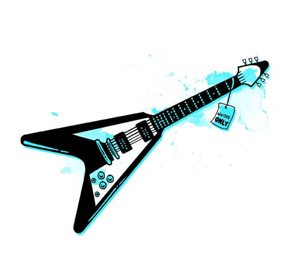 An angular black electric guitar with turquoise accents against a white background.