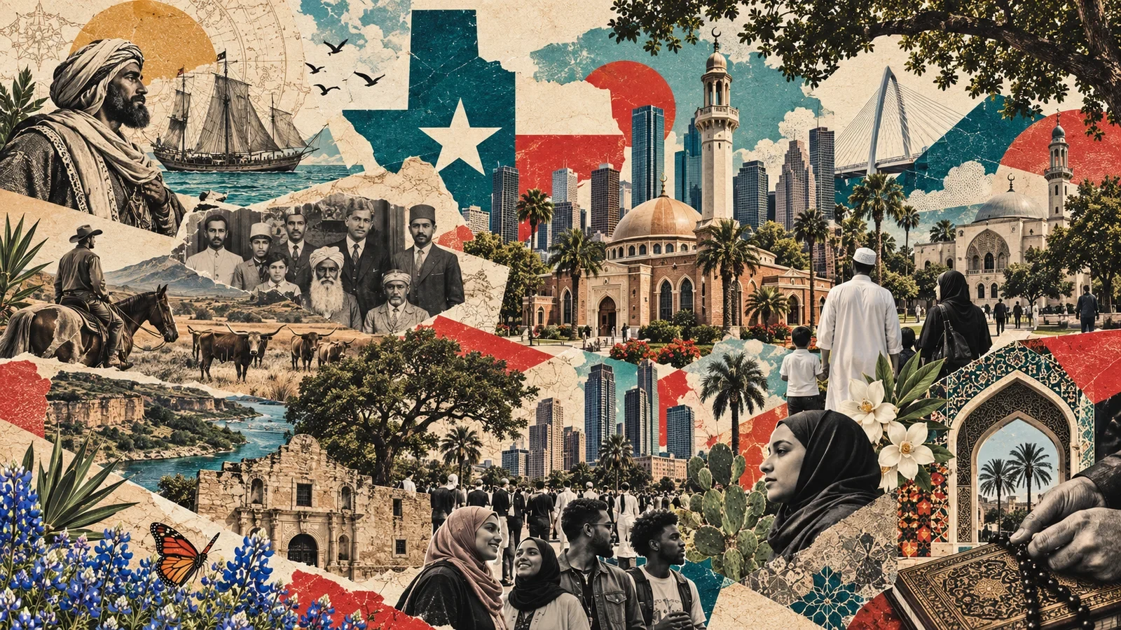 Maximalist collage tracing Texas Muslim history from early arrivals to contemporary community life.
