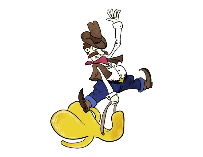 A cartoon mouse in cowboy clothes and boots bounds across a white background.