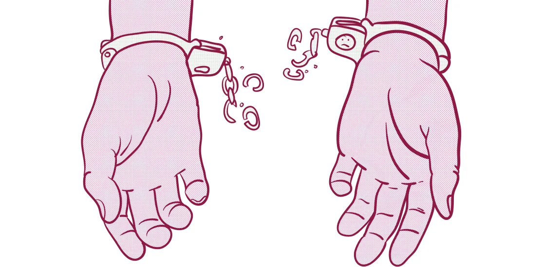 Illustrated pink hands joined by handcuffs against a white background.