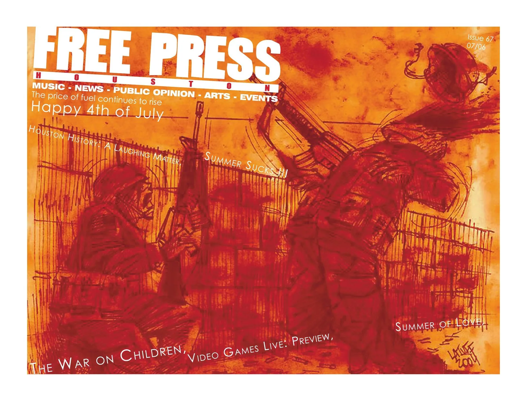 Free Press Houston — July 2006 landscape cover: Orange and red illustration fills a landscape cover beneath the masthead.