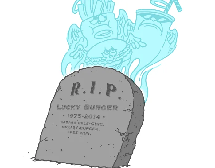An illustrated gravestone reading R.I.P. Lucky Burger 1975–2014 stands beneath a pale blue cartoon portrait.