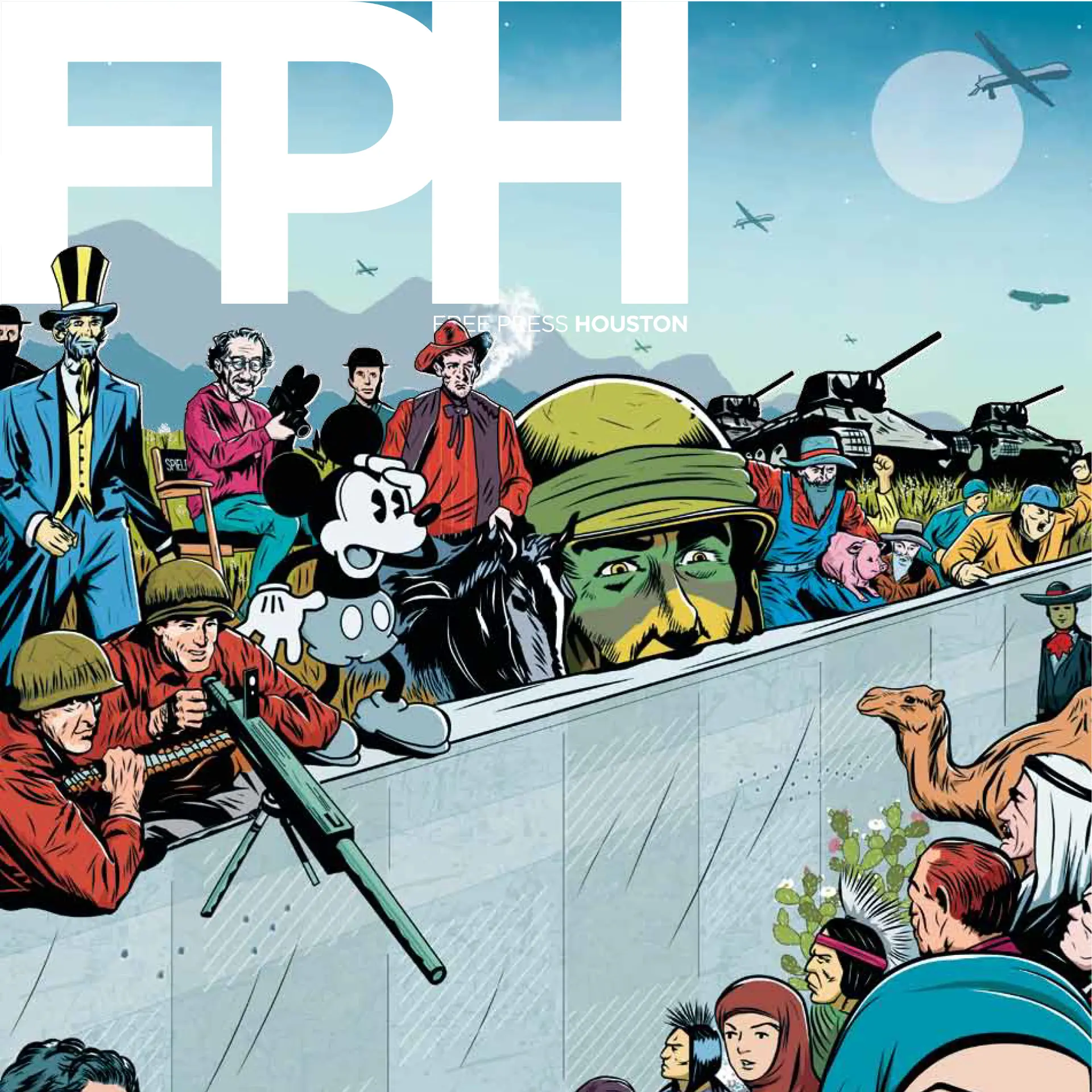 Free Press Houston cover artwork with the FPH masthead above an illustrated wartime scene of soldiers, a Mickey Mouse figure, tanks and a crowd