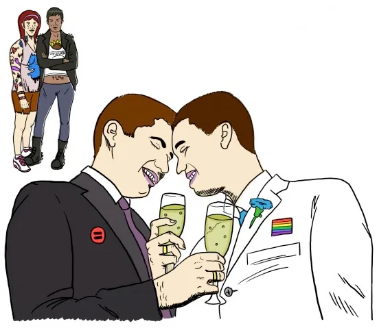 Two illustrated men kiss while a smaller couple stands behind them.