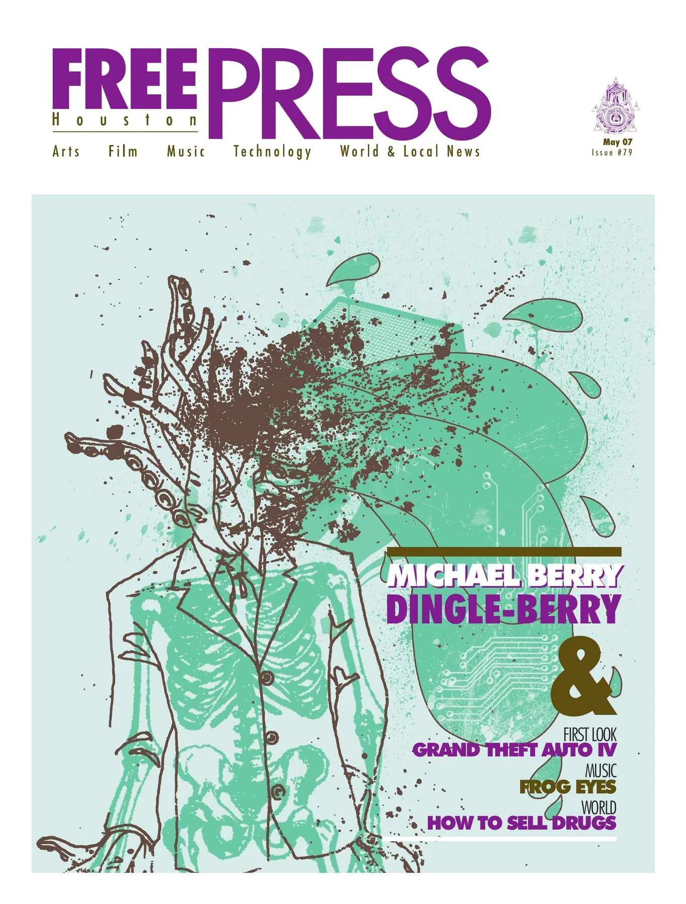 Free Press Houston — May 2007, Issue 79: A finely drawn figure and branching forms occupy a pale turquoise field below a purple masthead.