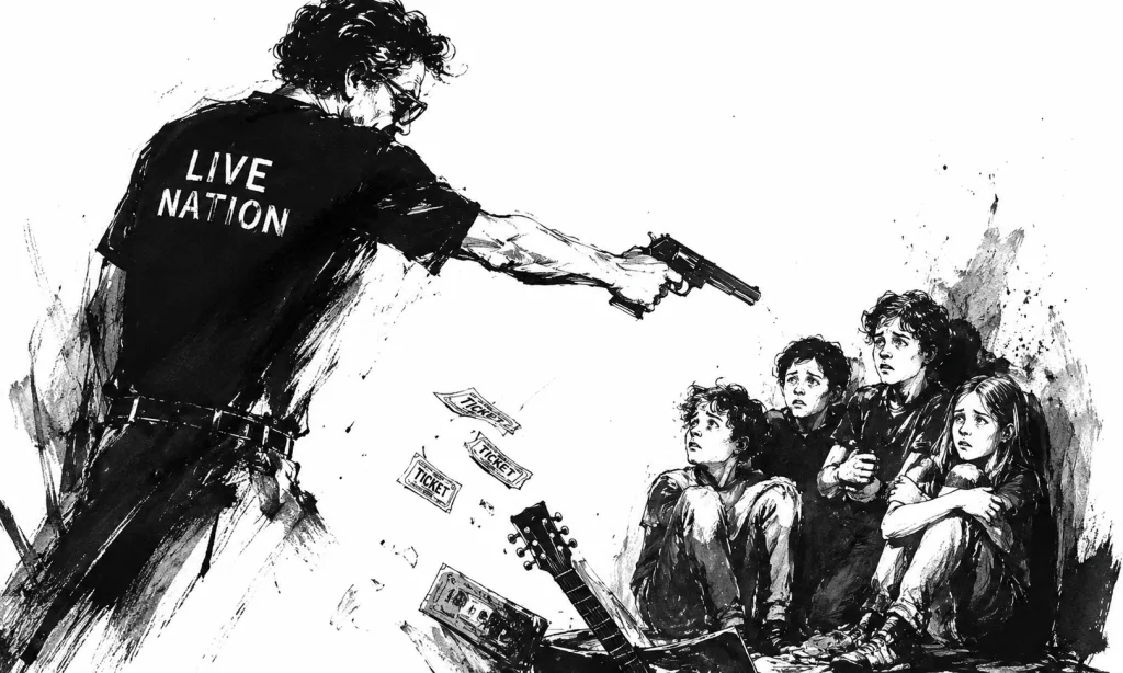 Testset editorial illustration of a Live Nation staffer aiming a handgun at cowering children among scattered concert tickets