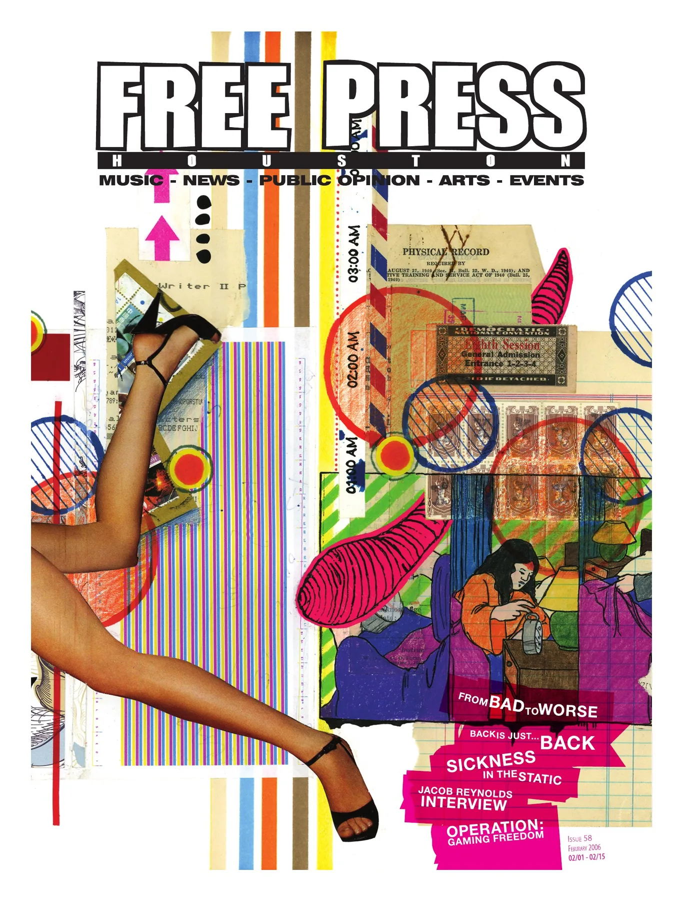 Free Press Houston — February 2006, Issue 58: Stripes, rings and cutout imagery assemble beneath a restrained white masthead.