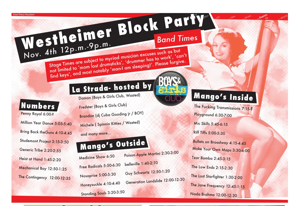 Westheimer Block Party: Jody Worthington’s band times