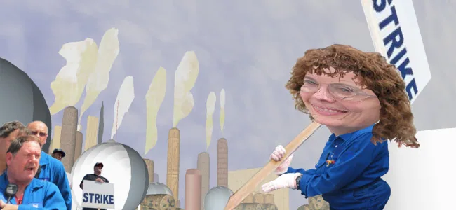 A collage combines refinery structures with workers and strike signs.