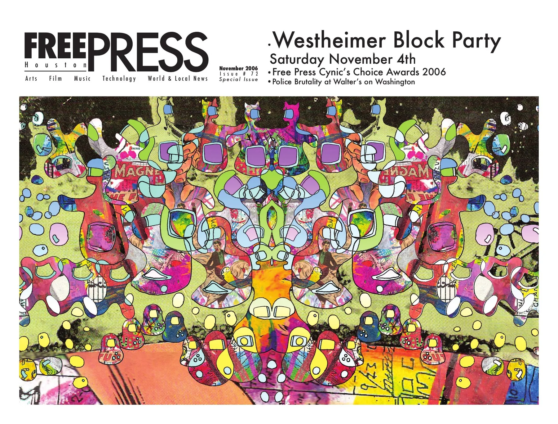 Westheimer Block Party — November 2006 special issue: Dense, brightly coloured creatures fill a landscape cover beneath the Westheimer Block Party announcement.