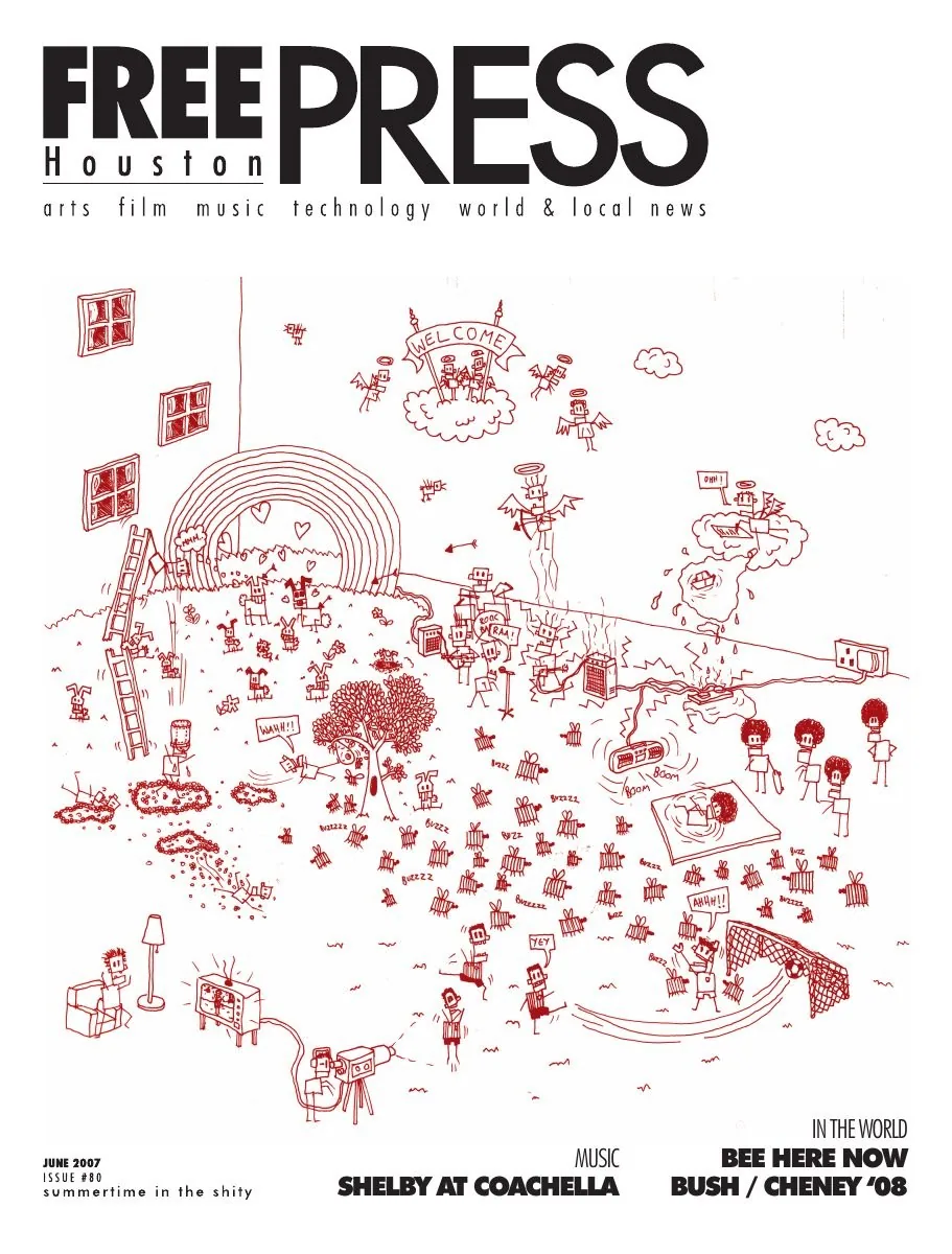 Free Press Houston — June 2007, Issue 80: Tiny red figures and structures form an expansive drawing beneath a black masthead.