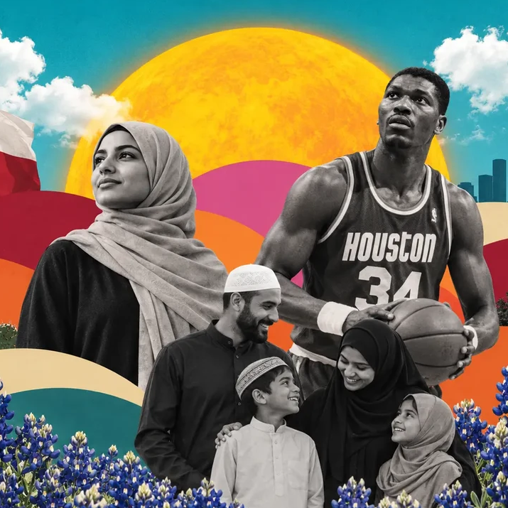 Texas Muslim publication cover artwork: Texas Muslim families, a Houston basketball player, and bluebonnets beneath a Texas sunset