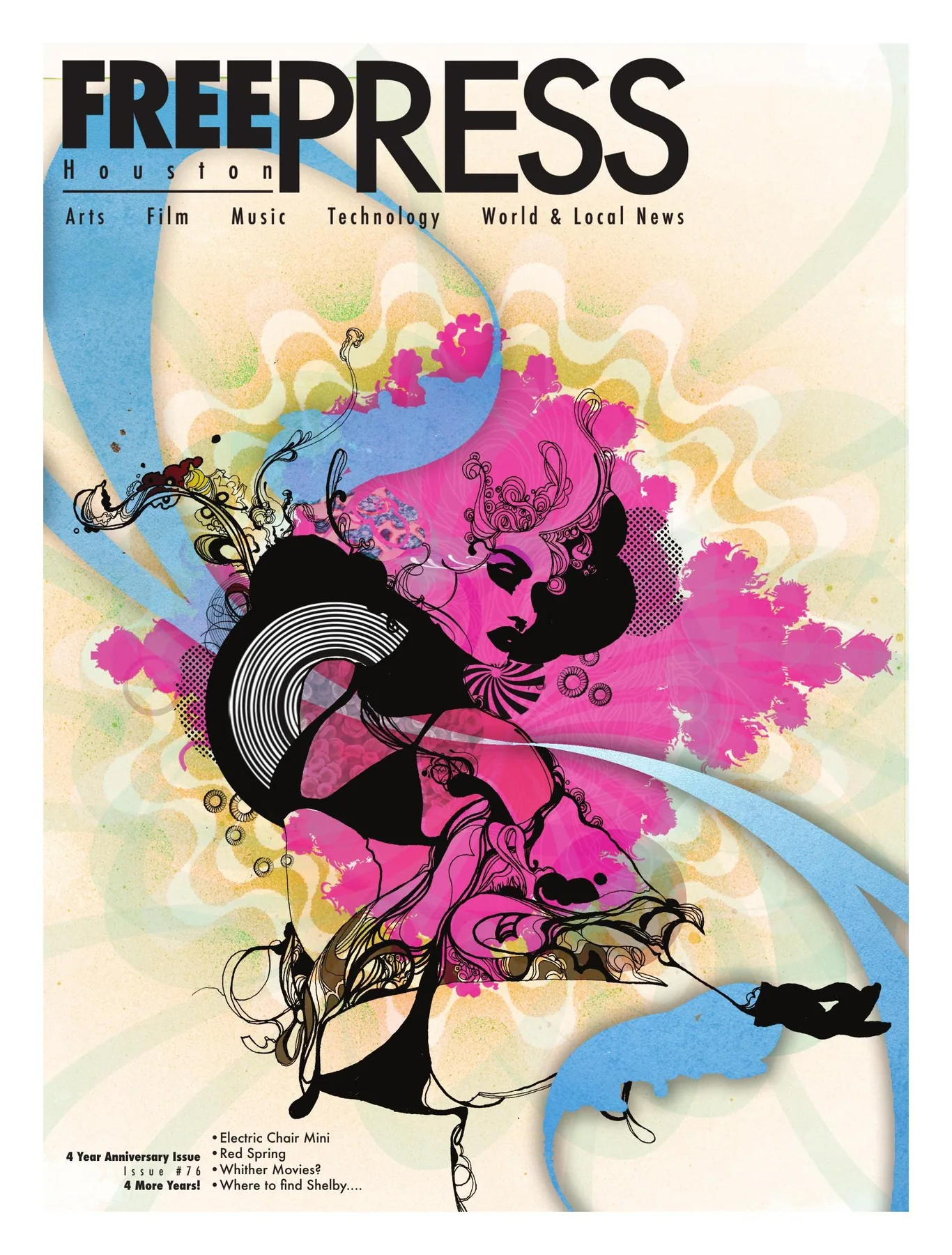 Free Press Houston — fourth anniversary issue: Pink clouds, sweeping curves and black ornamental forms drift across a pale cover.
