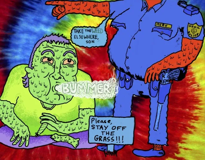 A green cartoon creature confronts a blue-uniformed policeman beside a stay-off-grass sign.