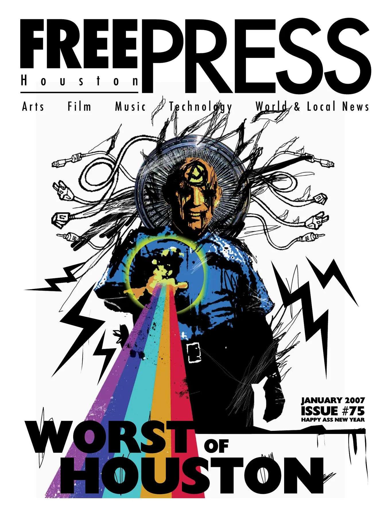 Free Press Houston — Worst of Houston, 2007: A dark illustrated figure projects a rainbow beneath a spare black masthead.