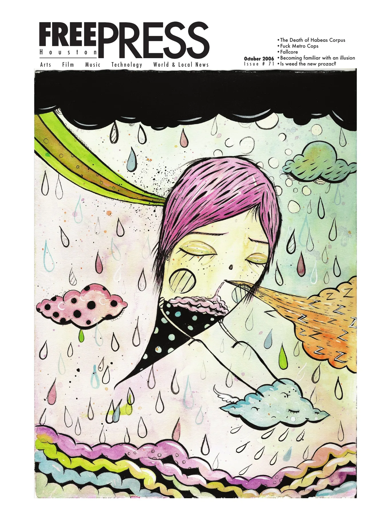 Free Press Houston — October 2006, Issue 71: A pink-haired illustrated figure hangs among raindrops, clouds and rainbow bands.