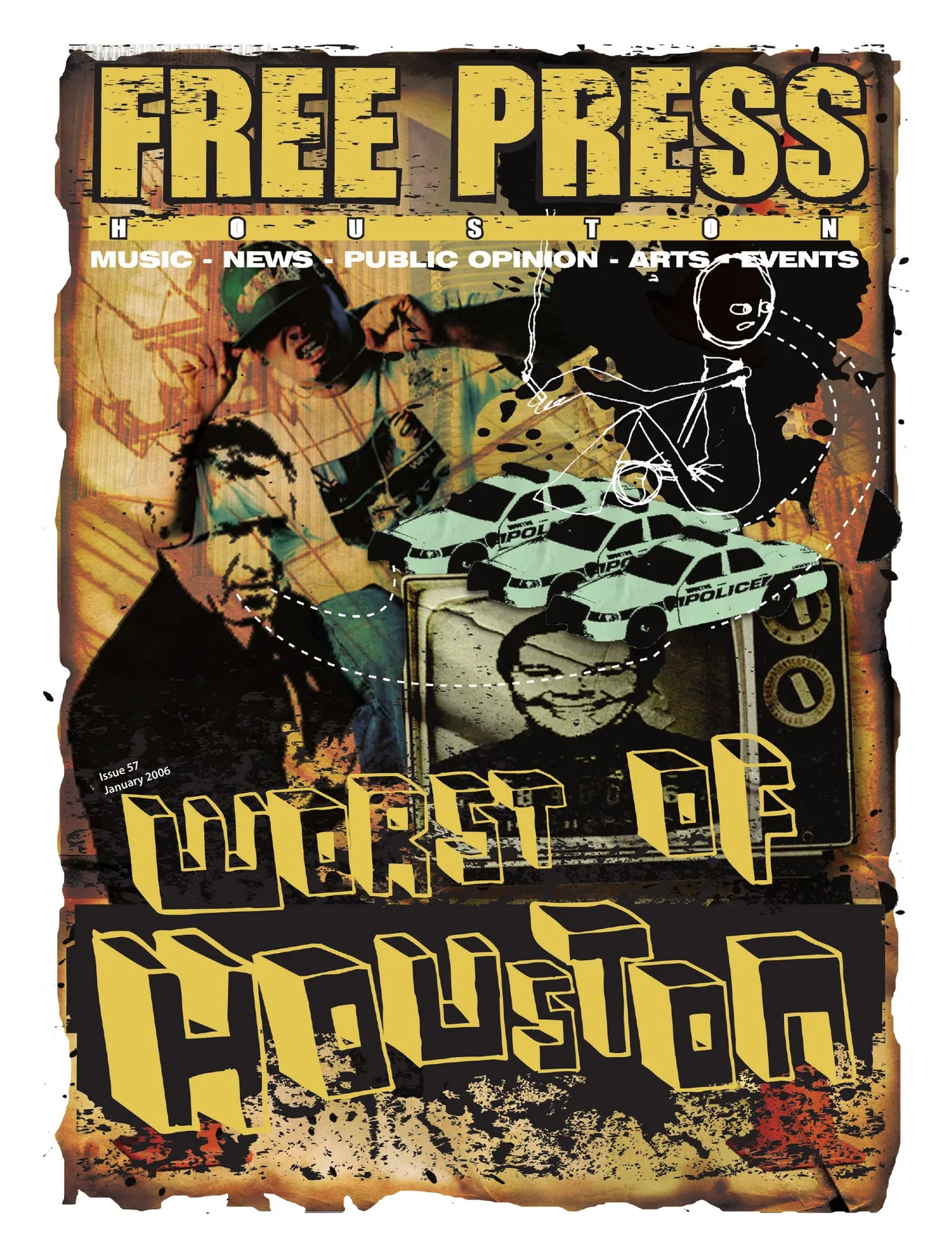 Free Press Houston — Worst of Houston, 2006: A ragged gold-and-black collage surrounds the “Worst of Houston” lettering.