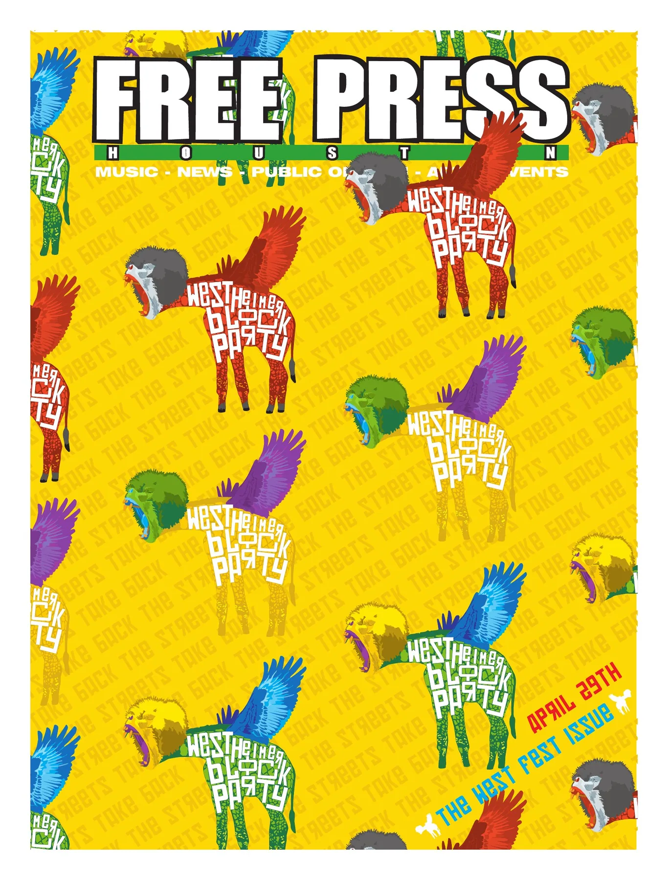 Westheimer Block Party — April 2006 cover: Repeated multicoloured roosters scatter across a yellow field around Westheimer Block Party lettering.