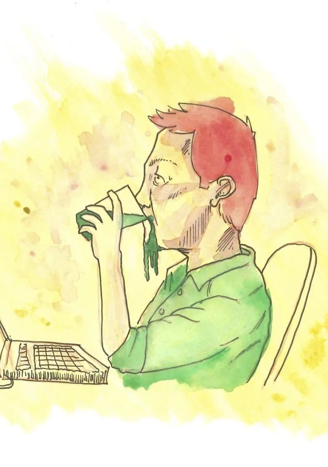 An illustrated person sits at a typewriter against a yellow background.